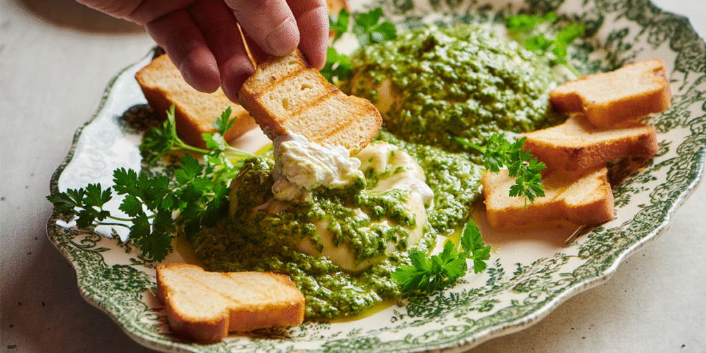 Big Green Egg kūpināta burrata ar salsa verde un briošu