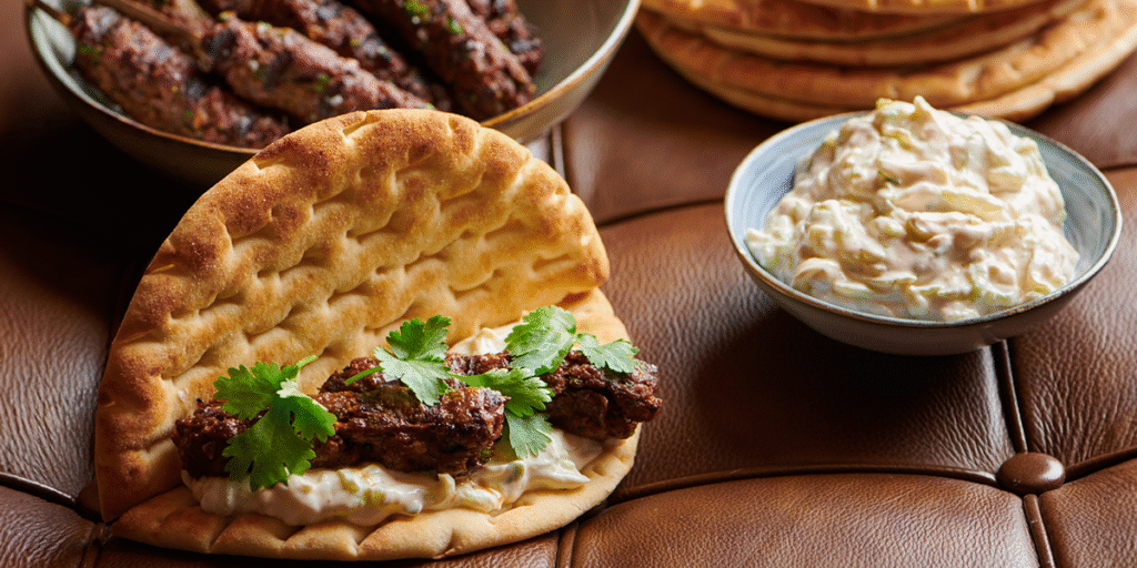 Pita ar Big Green Egg grilētu kebabu un jogurta mērci